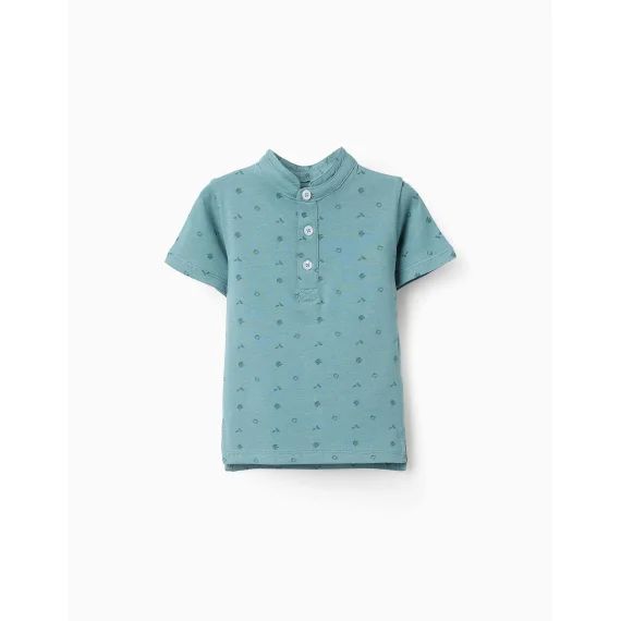 T-shirt En Coton Avec Col Mao Et Motif Bleu Clair