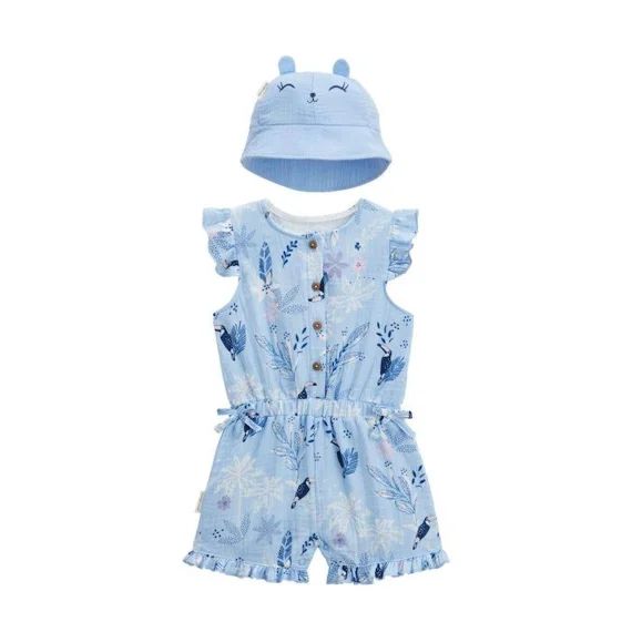 Combishort Bébé + Chapeau En Gaze De Coton Bleue Bella Chica Bleu