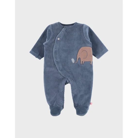 Pyjama Bébé En Velours Avec Broderie Éléphant Bleu