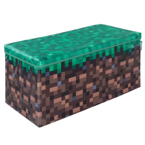 Coffre À Jouet Et Siège Pliable 2en1 Minecraft – Bloc D&rsquo;herbe Marron / Vert – Grand