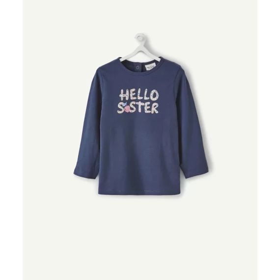 Le t-shirt bleu en fibres recyclées avec message pailleté –  – Soldes