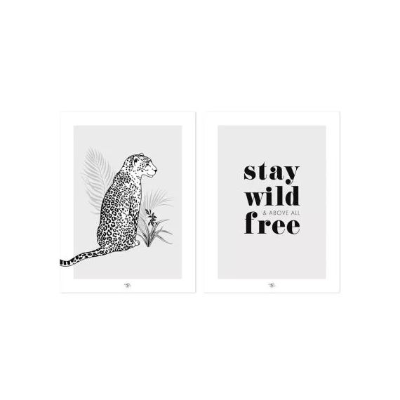 Lot de 2 affiches Léopard Stay wild & free (30 x 40 cm)