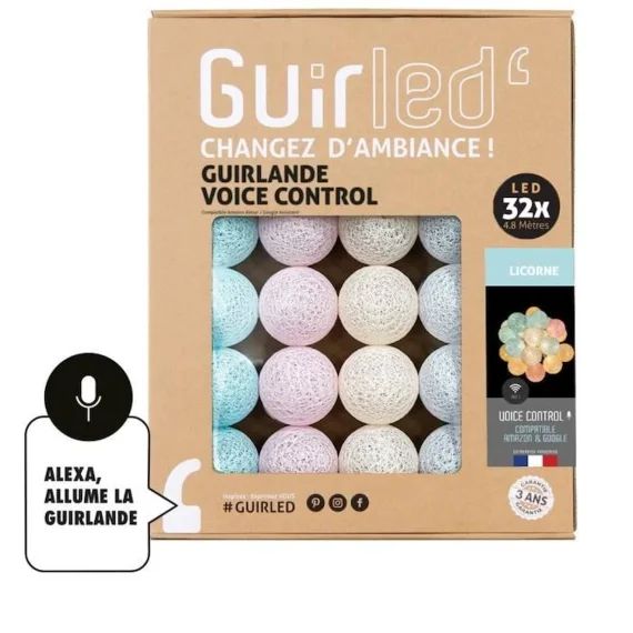 Licorne Commande Vocale Guirlande lumineuse boules coton Google & Alexa bleu