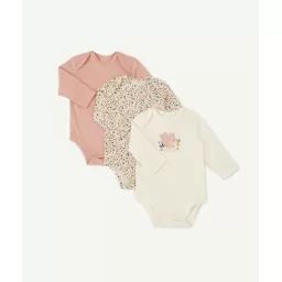 Lot de 3 bodies en coton bio manches longues fleuris rose bébé –  – Soldes