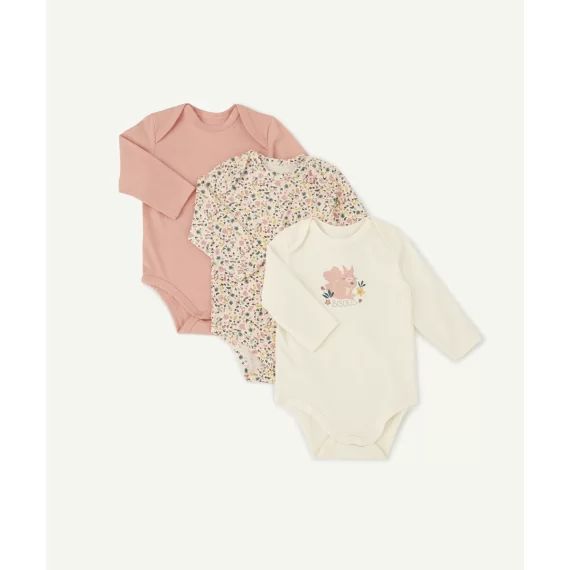 Lot de 3 bodies en coton bio manches longues fleuris rose bébé –  – Soldes