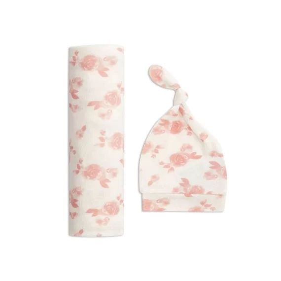 Coffret naissance maxi lange et bonnet en maille rosettes (0-3 mois)