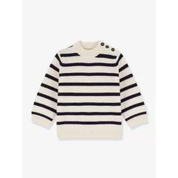 Pull bébé en laine et coton rayé PETIT BATEAU blanc