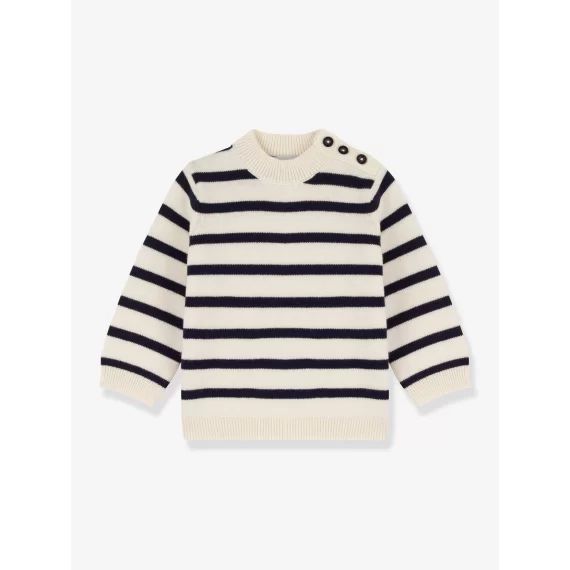 Pull bébé en laine et coton rayé PETIT BATEAU blanc