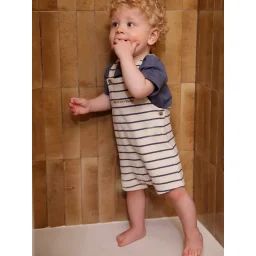 Coffret 3 pièces tee-shirt + salopette + doudou bébé personnalisable rayé bleu
