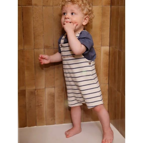 Coffret 3 pièces tee-shirt + salopette + doudou bébé personnalisable rayé bleu