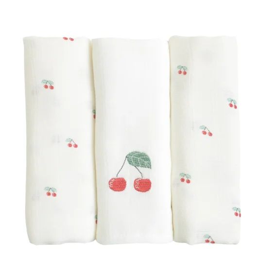 Lot De 3 Langes Gaze De Coton Bio Cerises