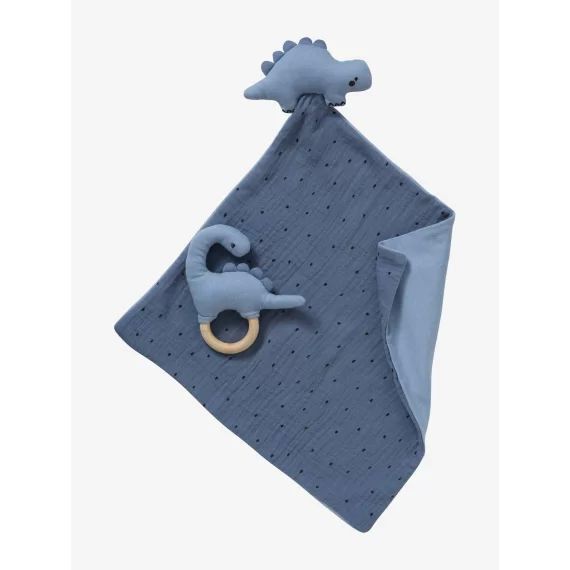 Doudou en gaze de coton + hochet en bois PETIT DINO multicolore