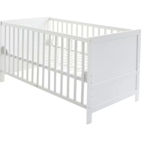 ROBA Lit Bébé Évolutif 70×140 – Réglable en Hauteur – 3 Barreaux Amovibles – Coins de Transformation Inclus – Bois Blanc blanc