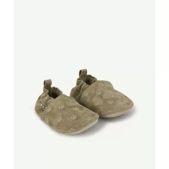 Chaussons bébé garçon en cuir brun clair avec imprimé pattes de chien –  – Soldes