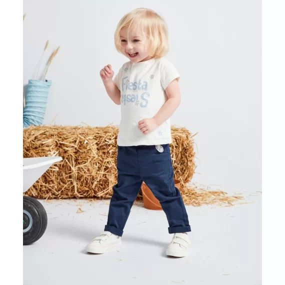 Pantalon slim fille en denim bleu marine avec noeud fleuri –  – Soldes