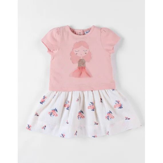 Robe Bi-matière À Manches Courtes Impression Fleurie Rose
