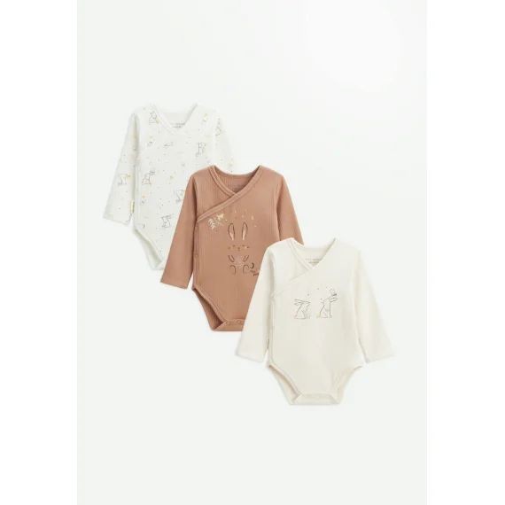 Lot De 3 Bodies Bébé Manches Longues Ouverture Croisée Hello Baby Ecru