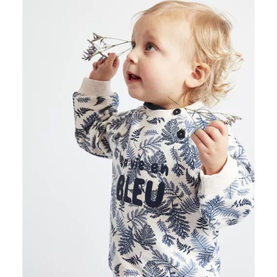 Sweat bleu bébé garçon en fibres recyclées imprimé feuilles –  – Soldes