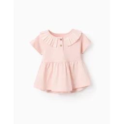 T-shirt De Coton Avec Col Plissé Et Volants Rose Clair