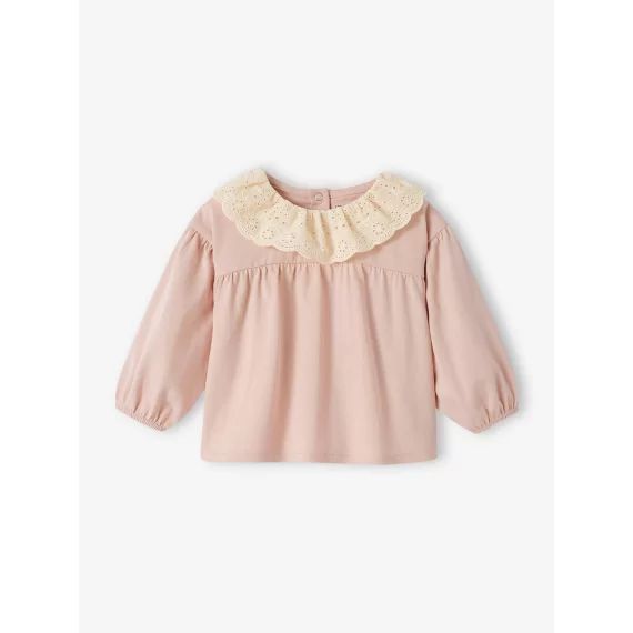 Tee-shirt col en broderie anglaise bébé manches longues rose pâle