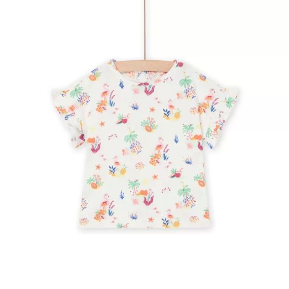 T-shirt À Imprimé Fleuri Et Flamants Roses – Ecru