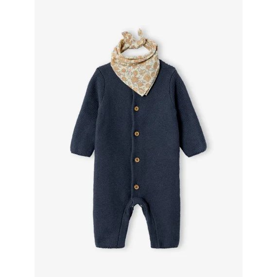 Coffret naissance mixte combinaison manches longues tricot + foulard anthracite