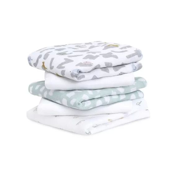 Lot de 5 langes en coton Alphabet animals (60 x 60 cm)