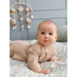 Ensemble 3 pièces en tricot : cardigan, pantalon et chaussons naissance beige chiné