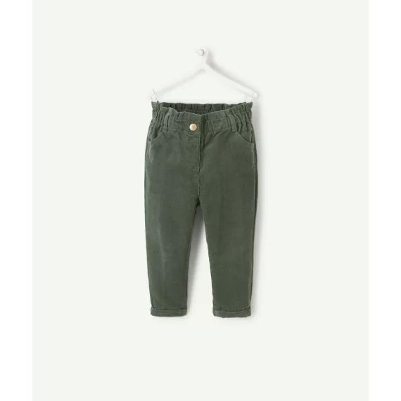 Pantalon relax bébé fille en velours vert côtelé