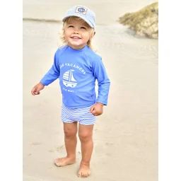 Ensemble de bain bébé T-shirt anti-UV + shorty bleu/rayé bleu et blanc