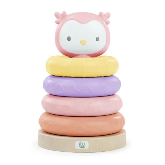ITY de INGENUITY Cutie Stacks Nally, 4 anneaux de dentition à empiler sans BPA, support en faux bois, ours, rose, dès 6 mois rose