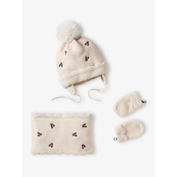 Ensemble bonnet + snood + moufles bébé fille beige poudré