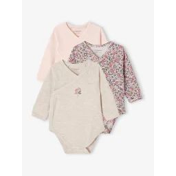 Lot 3 bodies manches longues en coton bio bébé ouverture naissance rose pâle