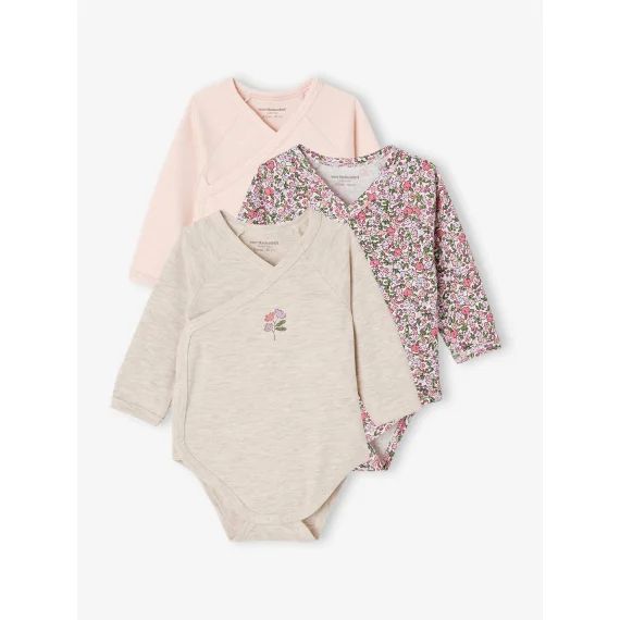 Lot 3 bodies manches longues en coton bio bébé ouverture naissance rose pâle