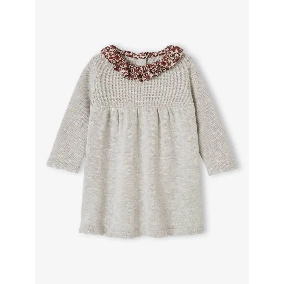 Robe en tricot bébé col en tissu fleuri gris chiné