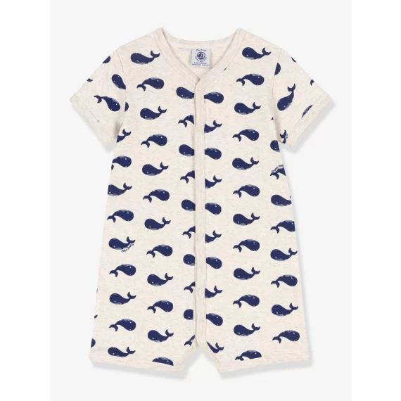 Combinaison courte baleines marines en coton bébé PETIT BATEAU beige chiné
