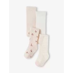 Lot de 2 paires de collants bébé en maille rayures/fleurs lot rose clair