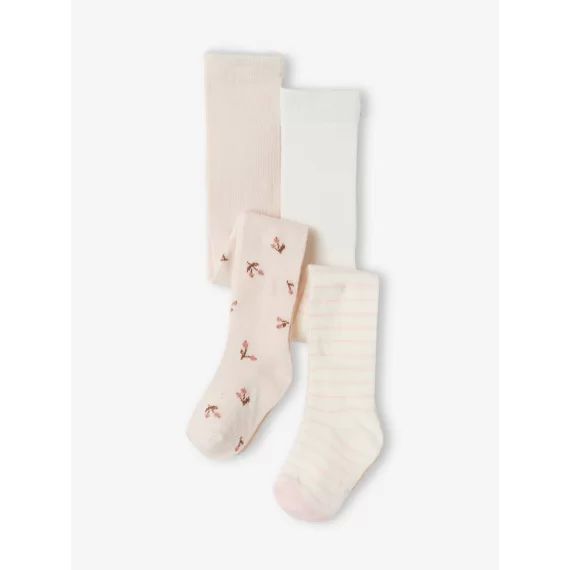 Lot de 2 paires de collants bébé en maille rayures/fleurs lot rose clair