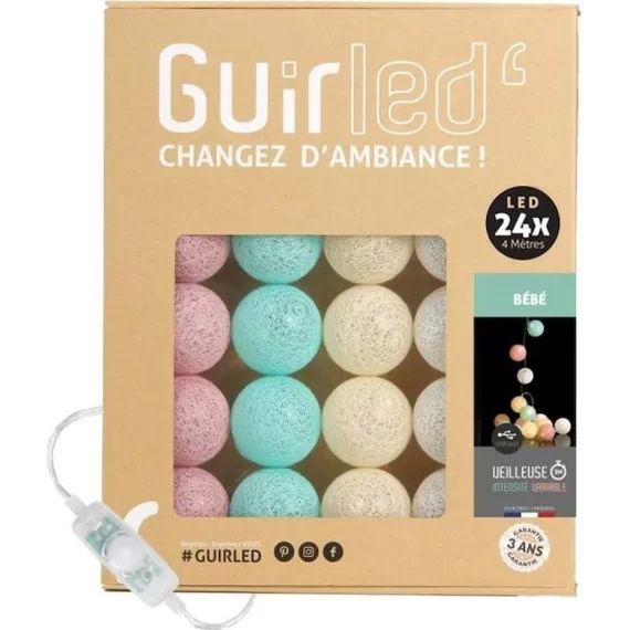 Guirlande lumineuse boules coton LED USB – Veilleuse bébé 2h –  3 intensités – 24 boules 2,4m – Bébé rose