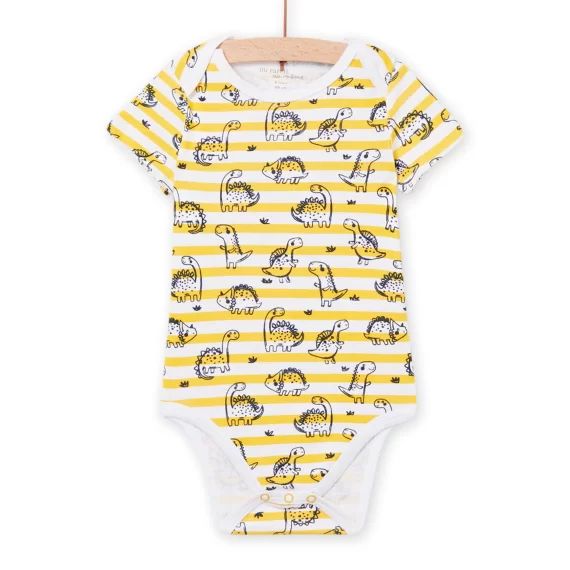 Body Blanc À Rayures Jaunes Imprimé Dinosaure Bébé Garçon