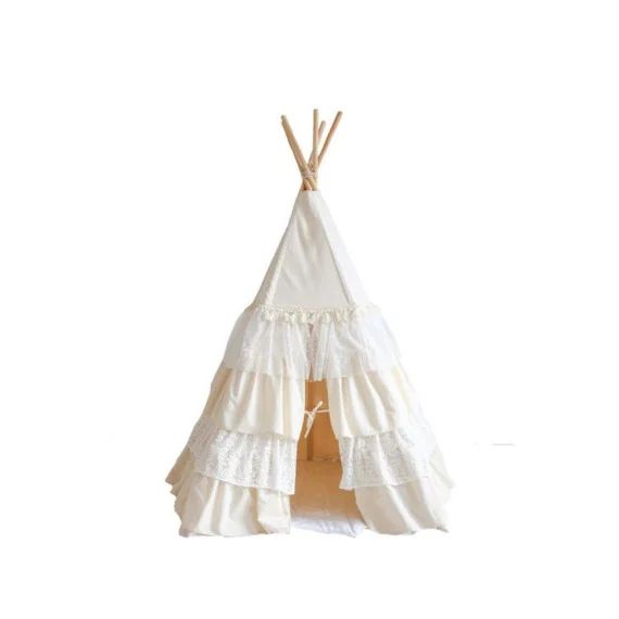 Tipi Enfant Moi Mili Shabby Chic – Tissu 100% Coton Et Tiges De Pin – Blanc – 120x170cm Blanc