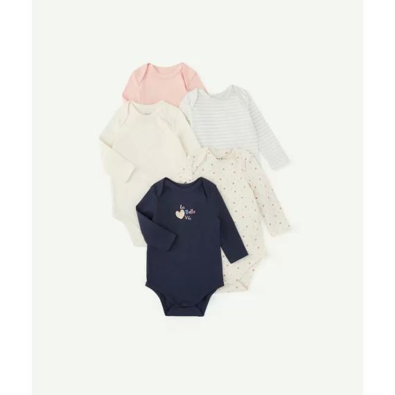 Lot de 5 bodies bébé en coton bio thème coeur bleu et rose –  – Soldes