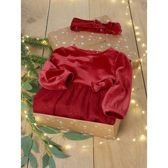 Coffret de Noël robe tulle pailleté et bandeau bébé rouge