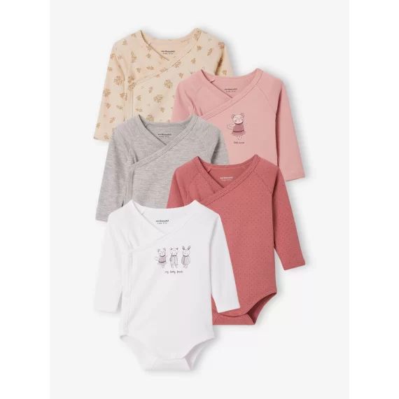 Lot de 5 bodies manches longues bébé ouverture naissance mauve