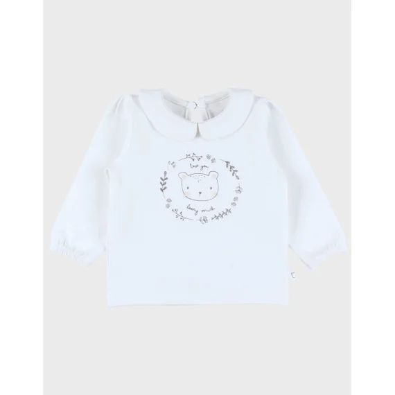 T-shirt En Coton À Manches Longues Imprimé Ours Blanc