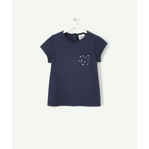 T-shirt bébé fille en coton bleu marine et imprimé coeurs –  – Soldes