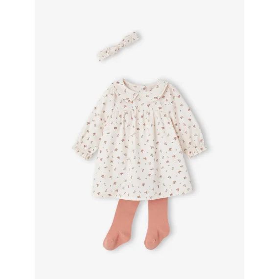 Ensemble 3 pièces bébé naissance robe + collant + bandeau écru