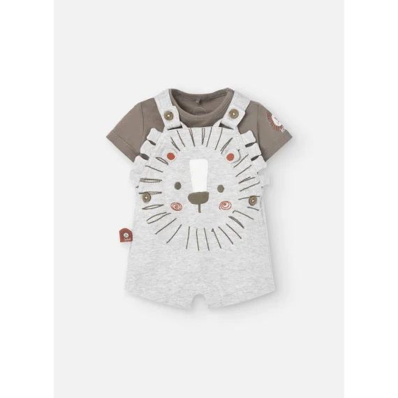 Ensemble T-shirt Et Salopette Courte Avec Lion Devant Marron