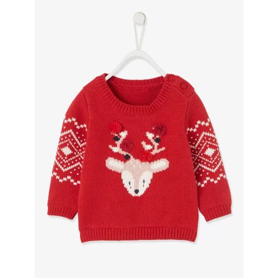 Pull de Noël bébé mixte motif renne rouge brique