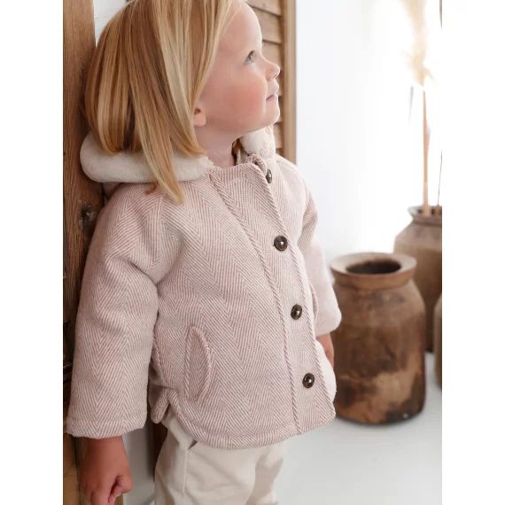 Manteau en drap de laine Bébé doublé de fausse fourrure rose